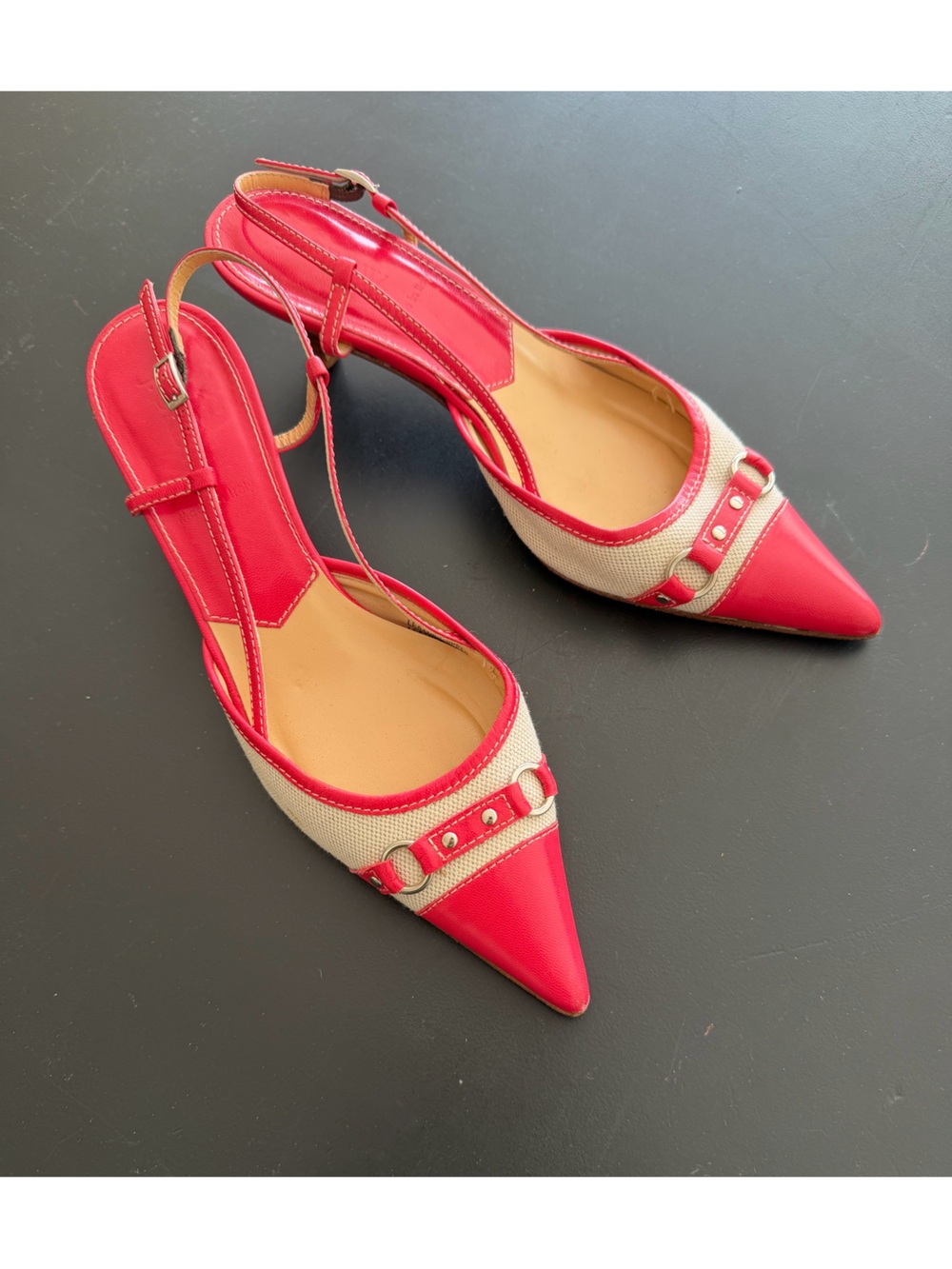 Coral Pointed-Toe Slingback Heels with Canvas Accent 7.5